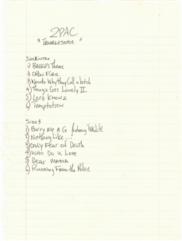Tupac Shakur "Troublesome" Hand Written Track List (JSA)